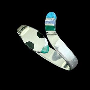 Vintage Heavy Taxco Mexico sterling silver multi stone hinged snake bracelet